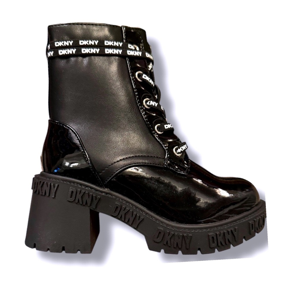 DKNY Hayley Black Ankle Boots Block Heel Combat Lace Up Side Zip girls Sz 11 NEW